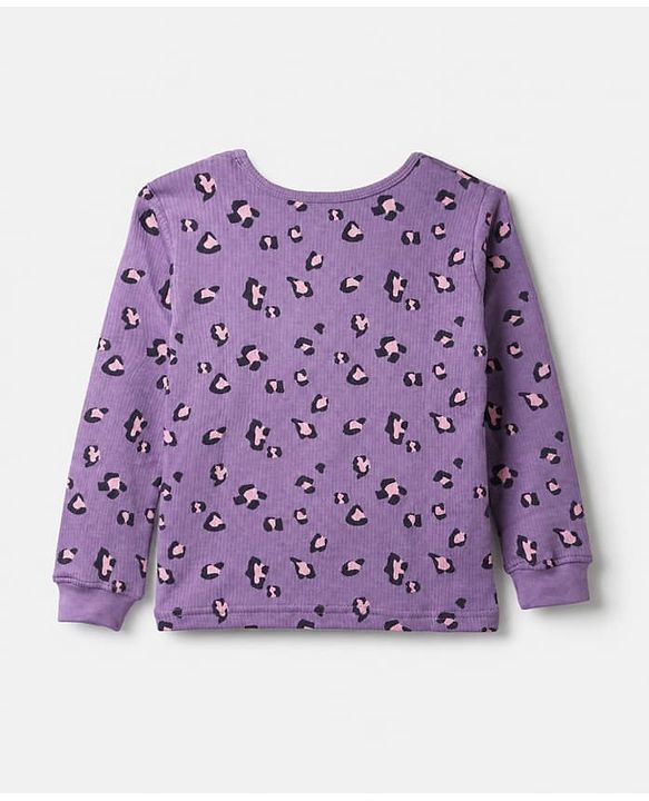 Pine Kids Cotton Blend Knit Full Sleeves Round Neck Thermal Set with Leopard Spots Print - Lilac