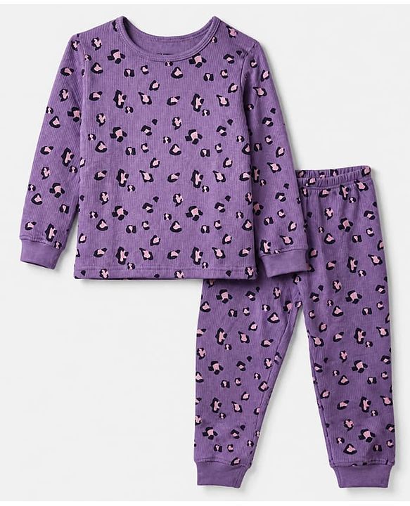 Pine Kids Cotton Blend Knit Full Sleeves Round Neck Thermal Set with Leopard Spots Print - Lilac