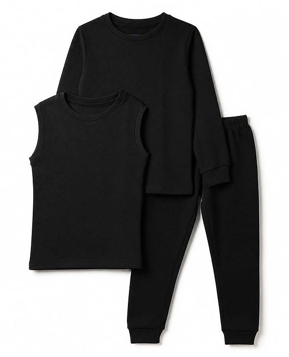 Pine Kids Cotton Blend Knit Full Sleeves Solid Colour Thermal Wear Set with Vest - Black