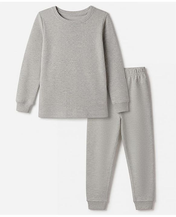 Pine Kids Cotton Knit Full Sleeves Solid Vest and Pant Thermal Inner Wear Set in Grey