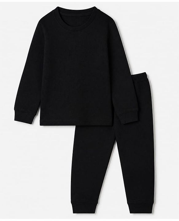 Pine Kids Cotton Knit Full Sleeves Solid Vest and Pant Thermal Inner Wear Set in Black