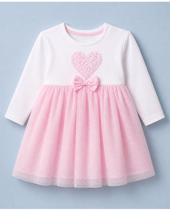 Babyhug Cotton Knit Fit And Flare Dress with Full Sleeves and Bow Applique in Pink