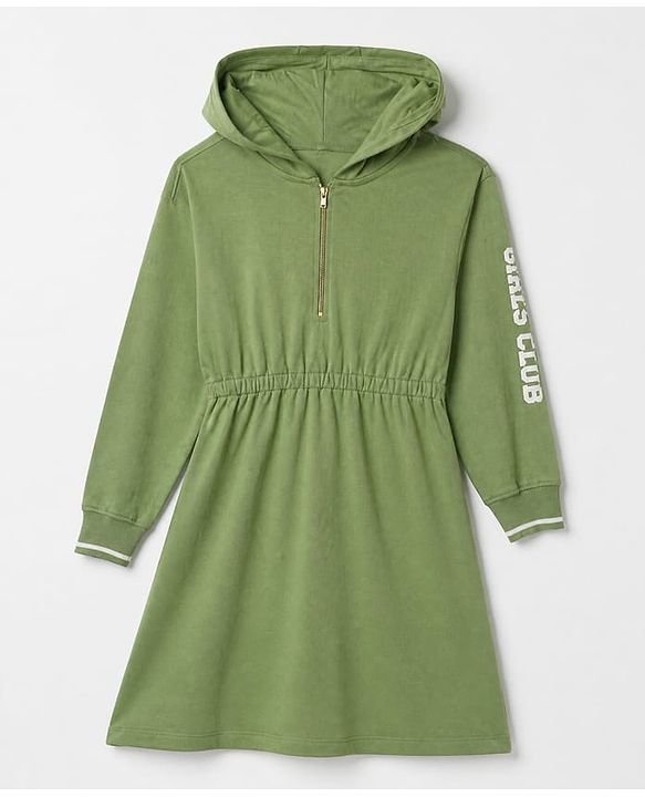 Pine Kids 100% Cotton Knit Knitwear Dress with Full Sleeves and Girls Club Print in Olive Green