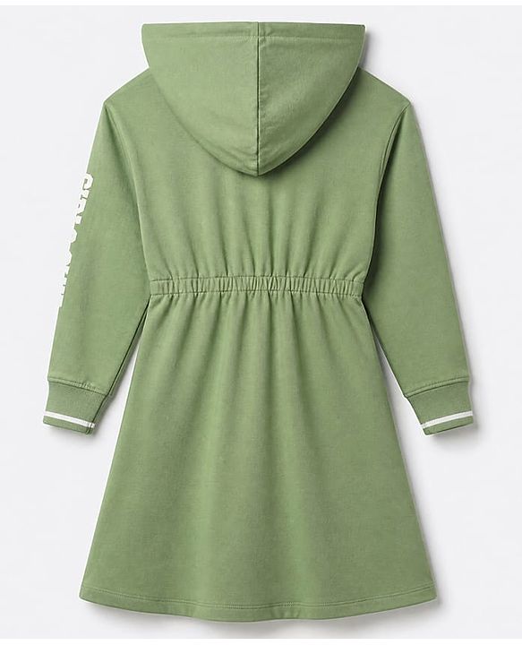 Pine Kids 100% Cotton Knit Knitwear Dress with Full Sleeves and Girls Club Print in Olive Green