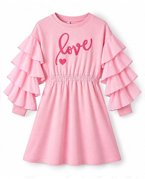 Pine Kids 100% Cotton Winter Frock with Full Sleeves and Love Print in Pink for 4-5 Years
