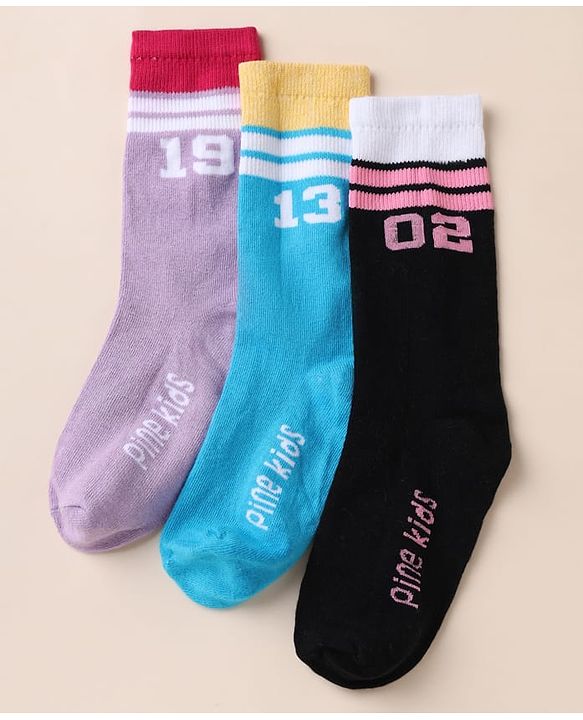 Pine Kids Cotton Mix Knit Set of Socks Below Knee Length With Text Design Pack of 3 - Blue Black Purple
