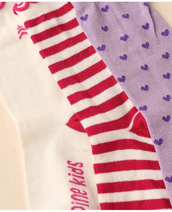 Pine Kids Cotton Nylon Knit Below Knee Length Socks With Stripe Design Pack Of 3 - Red Purple & Cream