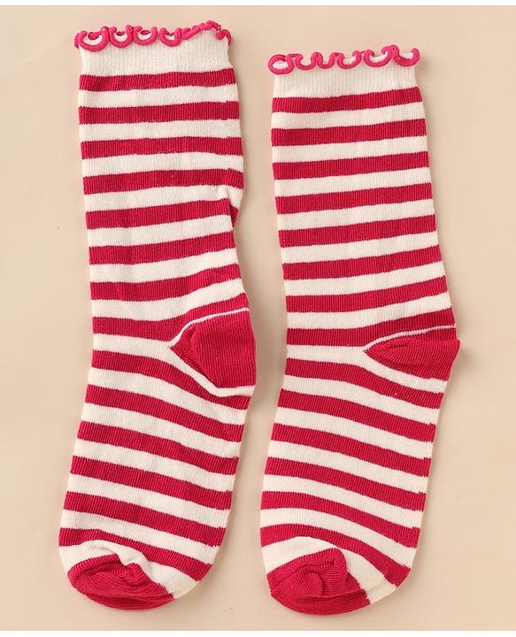 Pine Kids Cotton Nylon Knit Below Knee Length Socks With Stripe Design Pack Of 3 - Red Purple & Cream