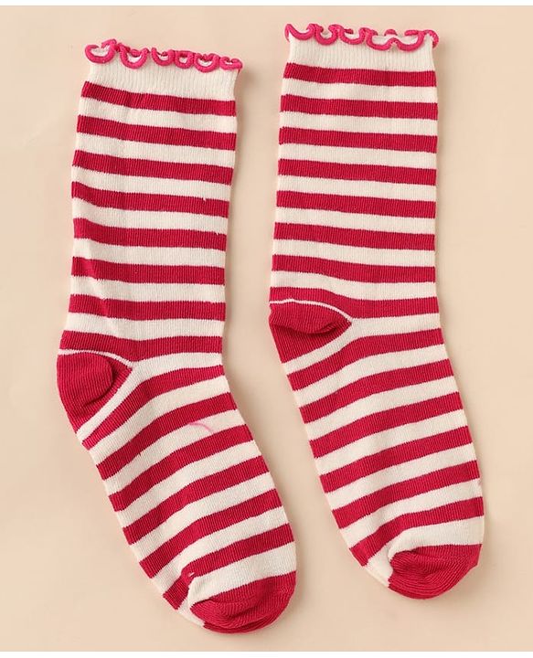 Pine Kids Cotton Nylon Knit Below Knee Length Socks With Stripe Design Pack Of 3 - Red Purple & Cream