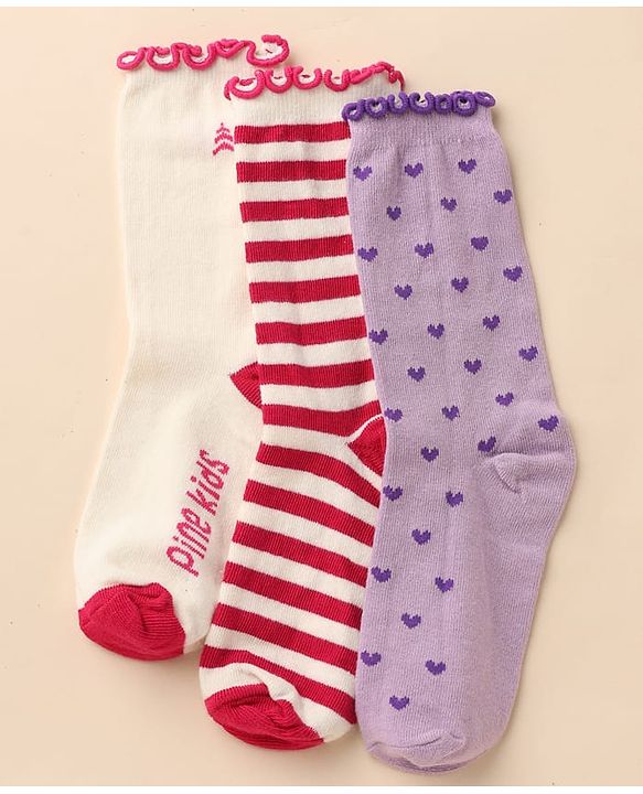 Pine Kids Cotton Nylon Knit Below Knee Length Socks With Stripe Design Pack Of 3 - Red Purple & Cream