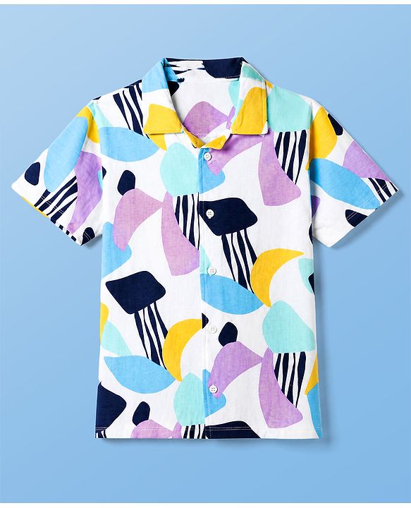 Pine Kids 100% Cotton Knit with Washed Single Jersey 180 GSM Half Sleeves Co-ord Shirt & Pajama with Abstract Print - White
