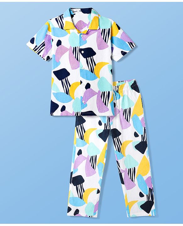 Pine Kids 100% Cotton Knit with Washed Single Jersey 180 GSM Half Sleeves Co-ord Shirt & Pajama with Abstract Print - White