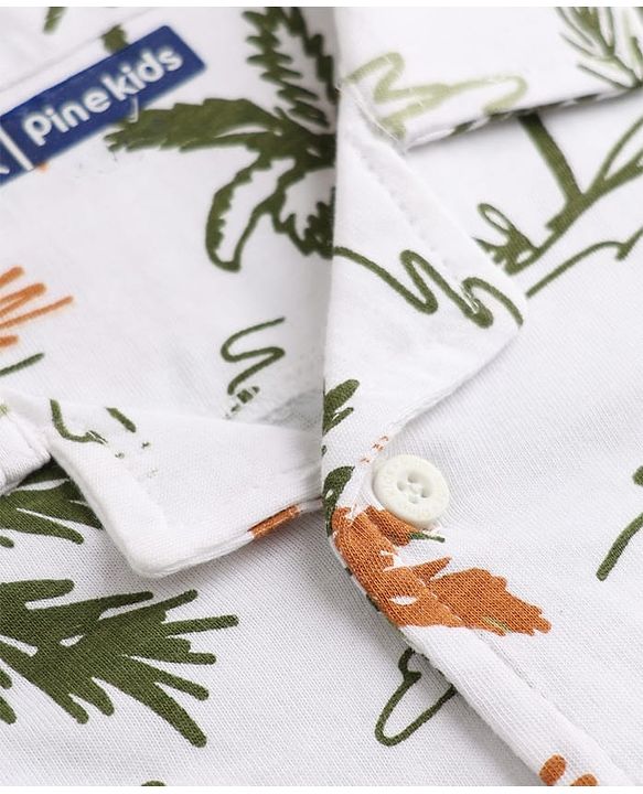 Pine Kids 100% Cotton Bio Washed Single Jersery 180 GSM Knit Half Sleeves Co-ord Shirt & Pajama Night Suit with Trees Print - White