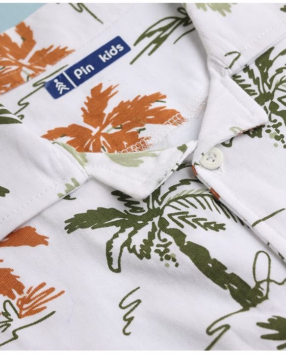 Pine Kids 100% Cotton Bio Washed Single Jersery 180 GSM Knit Half Sleeves Co-ord Shirt & Pajama Night Suit with Trees Print - White