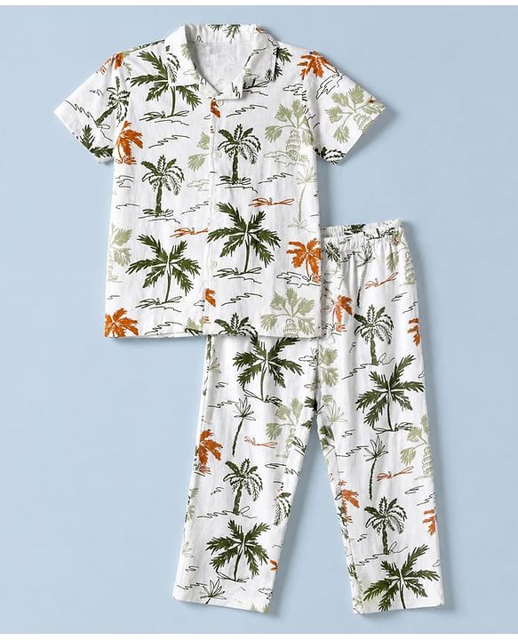 Pine Kids 100% Cotton Bio Washed Single Jersery 180 GSM Knit Half Sleeves Co-ord Shirt & Pajama Night Suit with Trees Print - White