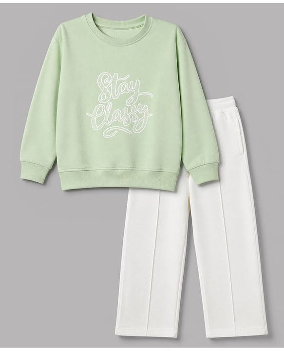 Pine Kids Looper Knit Full Sleeves Top With Text Print & Pant Set - Olive Green