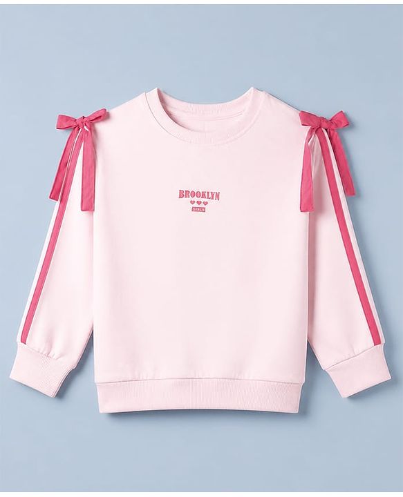 Pine Kids Looper Knit Full Sleeves Top & Pant Set With Text Print & Bow Applique - Pink