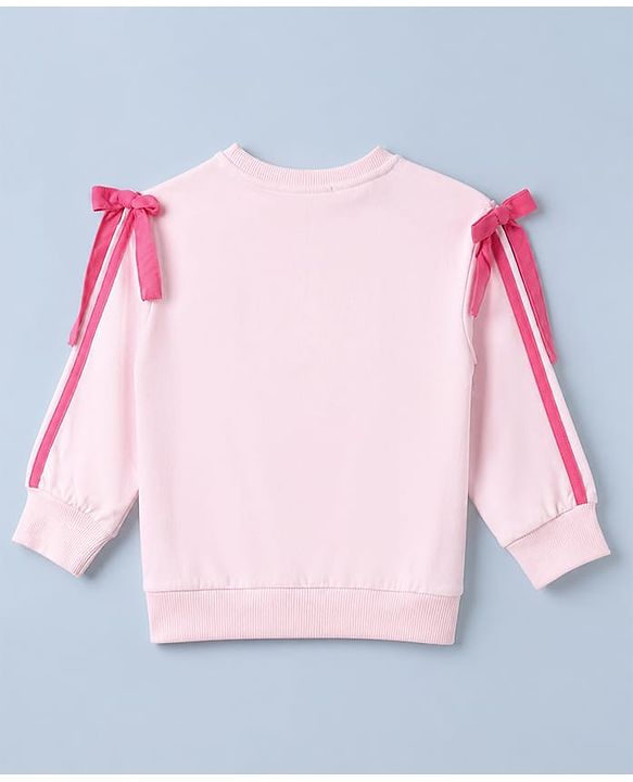 Pine Kids Looper Knit Full Sleeves Top & Pant Set With Text Print & Bow Applique - Pink