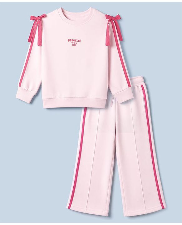 Pine Kids Looper Knit Full Sleeves Top & Pant Set With Text Print & Bow Applique - Pink