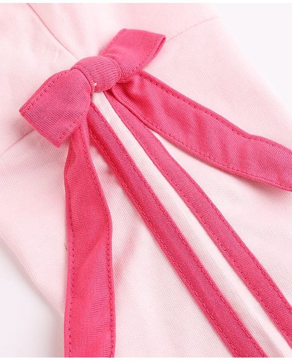 Pine Kids Looper Knit Full Sleeves Top & Pant Set With Text Print & Bow Applique - Pink