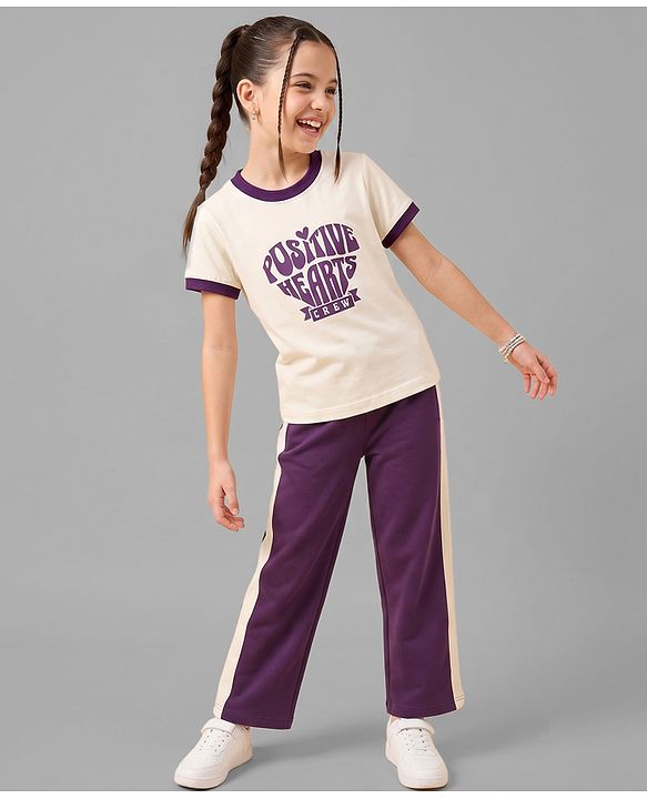 Pine Kids Single Jersey Knit Half Sleeves T-Shirt & Pant Set with Positive Hearts Text Print - Off White