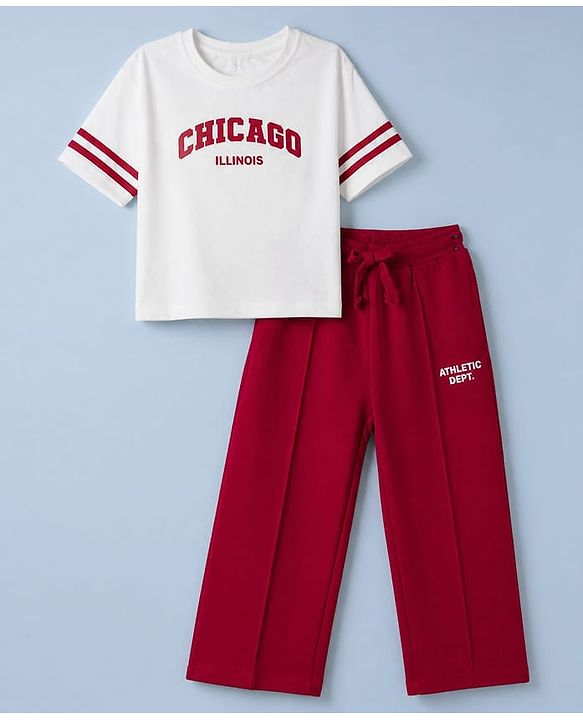 Pine Kids Single Jersey Knit Half Sleeves Top and Pants With Text Print - OffWhite & Red
