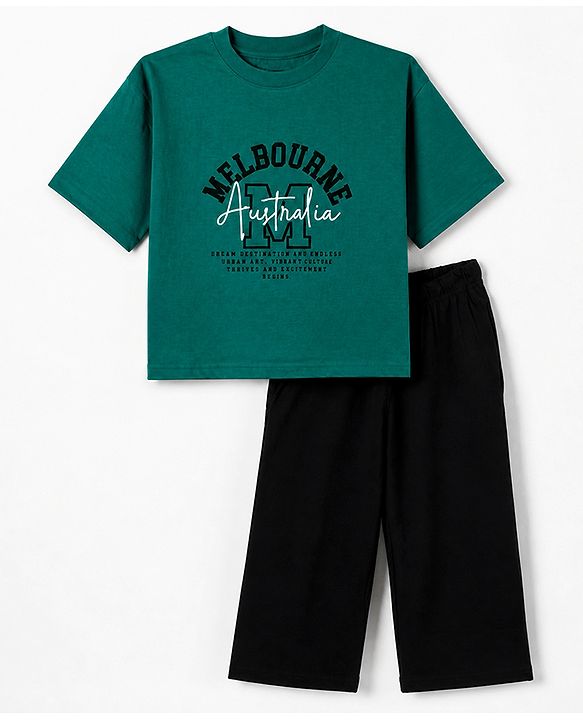 Pine Kids 100% Cotton Bio Washed Knit Co-ord T-Shirt & Pyjama Night Suit With Melbourne Text in Green