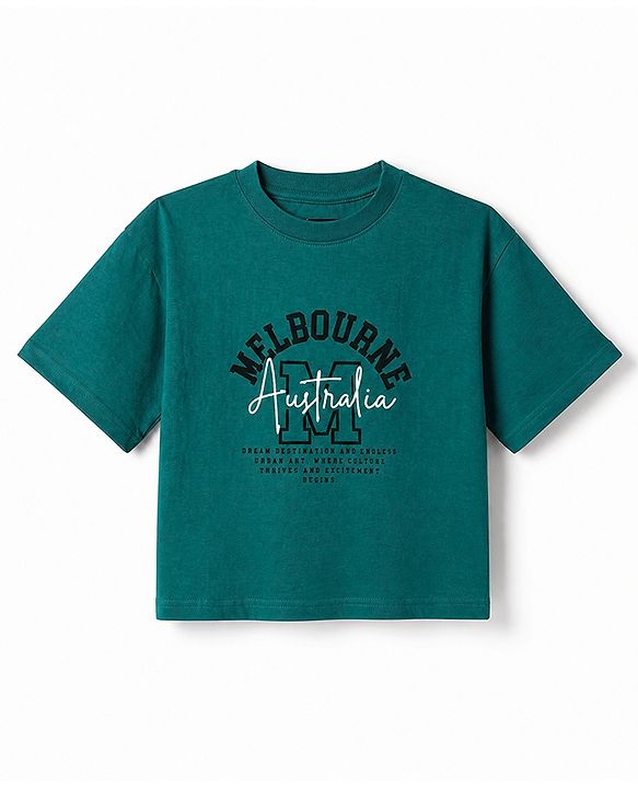 Pine Kids 100% Cotton Bio Washed Knit Co-ord T-Shirt & Pyjama Night Suit With Melbourne Text in Green