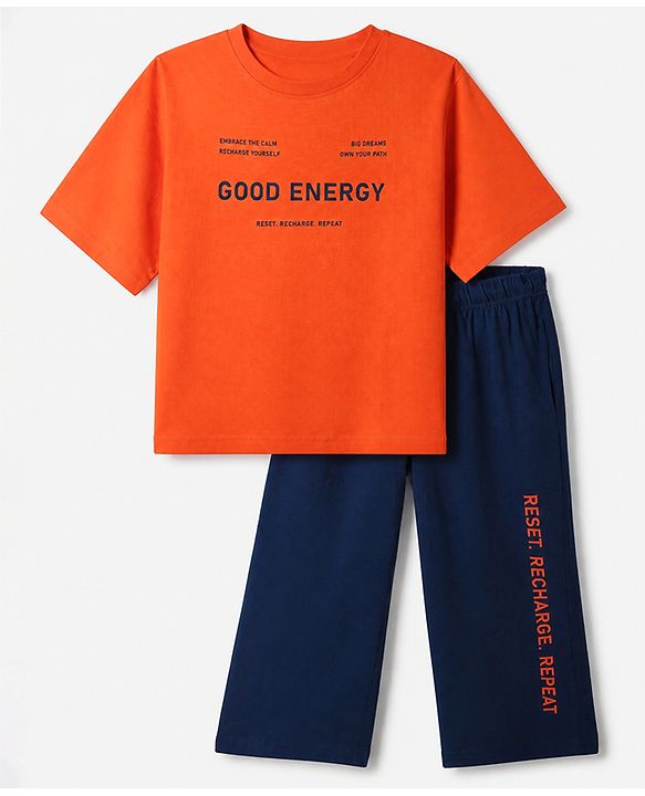 Pine Kids 100% Cotton Bio Washed Knit Half sleeves T-Shirt & Pyjama Night Suit with Good Energy in Orange