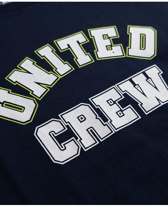 Pine Kids 100% Cotton Knit Half Sleeves T-Shirt and Jogger with Full Length and United Crew Print in Navy Blue
