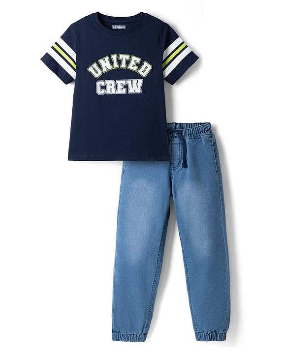 Pine Kids 100% Cotton Knit Half Sleeves T-Shirt and Jogger with Full Length and United Crew Print in Navy Blue