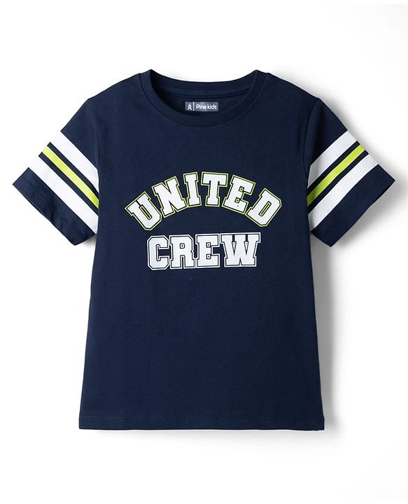 Pine Kids 100% Cotton Knit Half Sleeves T-Shirt and Jogger with Full Length and United Crew Print in Navy Blue