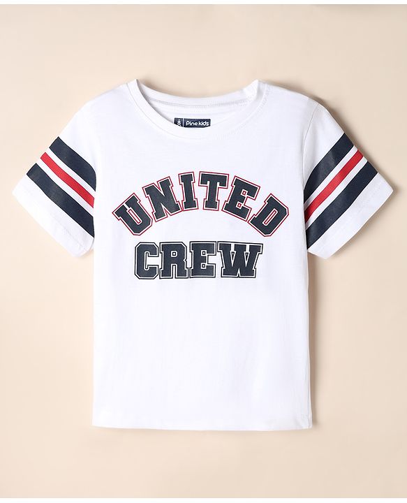 Pine Kids 100% Cotton Knit Half Sleeves T-Shirt and Jogger with Full Length and United Crew Print in White for 4-5 Years
