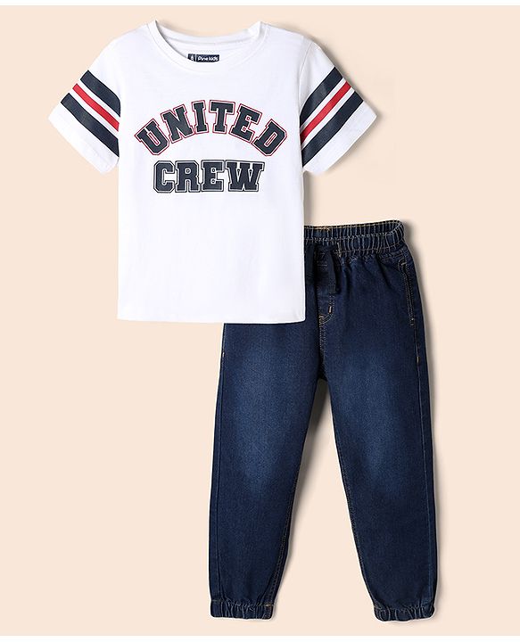 Pine Kids 100% Cotton Knit Half Sleeves T-Shirt and Jogger with Full Length and United Crew Print in White for 4-5 Years
