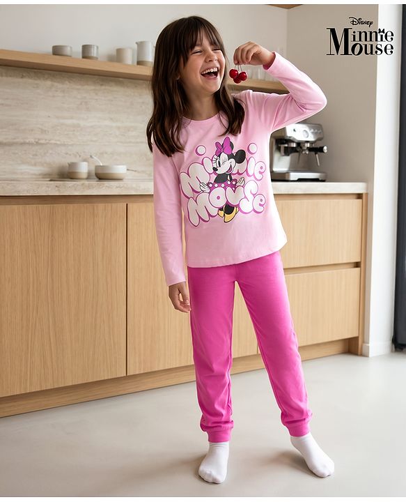 Pine Kids Disney 100% Cotton Single Jersey Knit Full Sleeves T-Shirt & Pajama Night Suit with Minnie Mouse Graphic Print - Pink