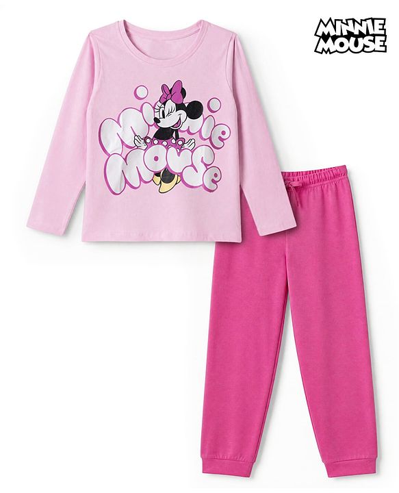 Pine Kids Disney 100% Cotton Single Jersey Knit Full Sleeves T-Shirt & Pajama Night Suit with Minnie Mouse Graphic Print - Pink