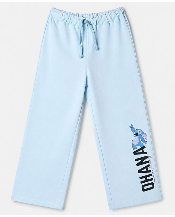 Pine Kids Disney 100% Terry Knit Ankle Length Track Pant with Ohana Text & Stitch Graphic Print - Light Blue