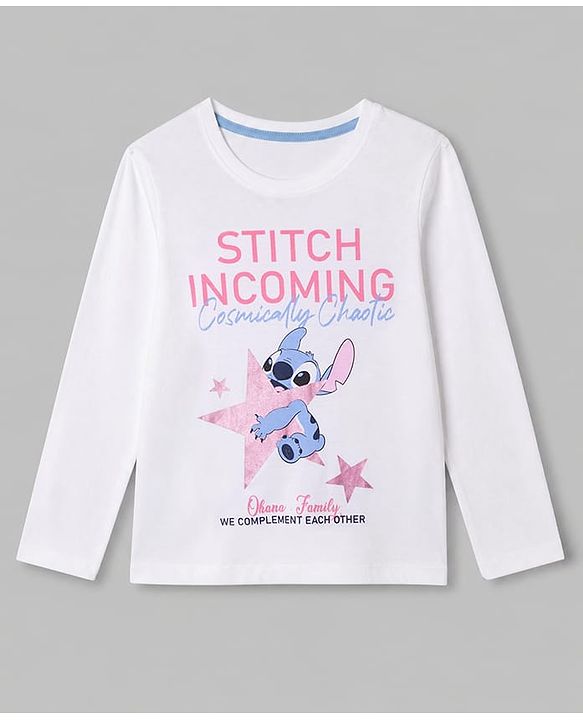 Pine Kids Disney 100% Cotton Single Jersey Knit Full Sleeves T-Shirt & Pajama Night Suit with Stitch Graphic Print - White & Pink