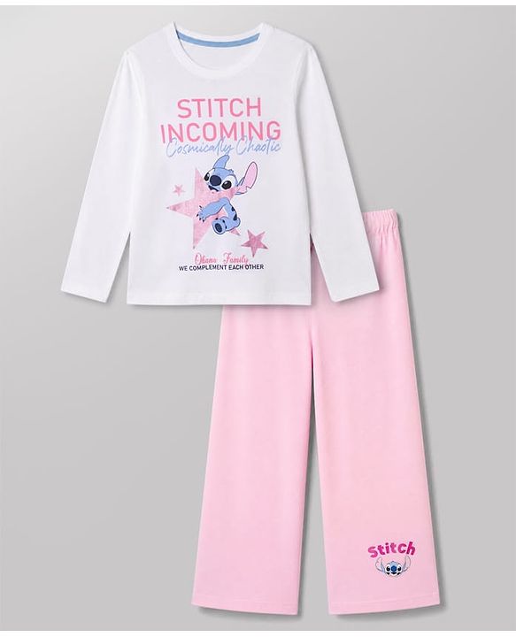 Pine Kids Disney 100% Cotton Single Jersey Knit Full Sleeves T-Shirt & Pajama Night Suit with Stitch Graphic Print - White & Pink
