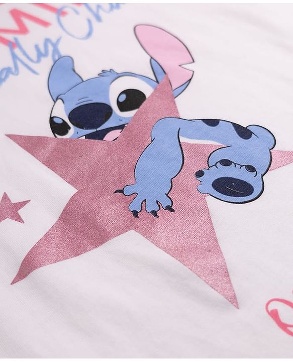 Pine Kids Disney 100% Cotton Single Jersey Knit Full Sleeves T-Shirt & Pajama Night Suit with Stitch Graphic Print - White & Pink