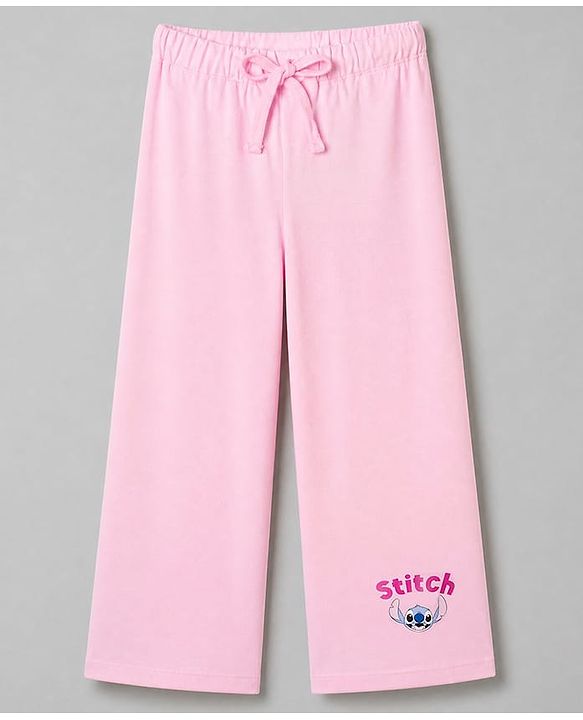 Pine Kids Disney 100% Cotton Single Jersey Knit Full Sleeves T-Shirt & Pajama Night Suit with Stitch Graphic Print - White & Pink
