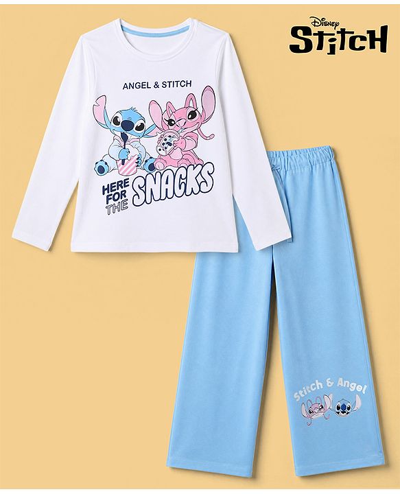 Pine Kids Disney 100% Cotton Single Jersey Knit Full Sleeves T-Shirt & Pajama Night Suit with Stitch and Angel Graphic Print - Light Blue