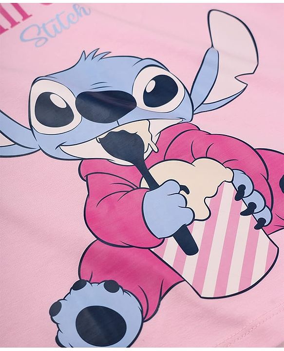 Pine Kids Disney 100% Cotton Single Jersey Knit Full Sleeves T-Shirt & Pajama Night Suit with Stitch Graphic Print - Pink