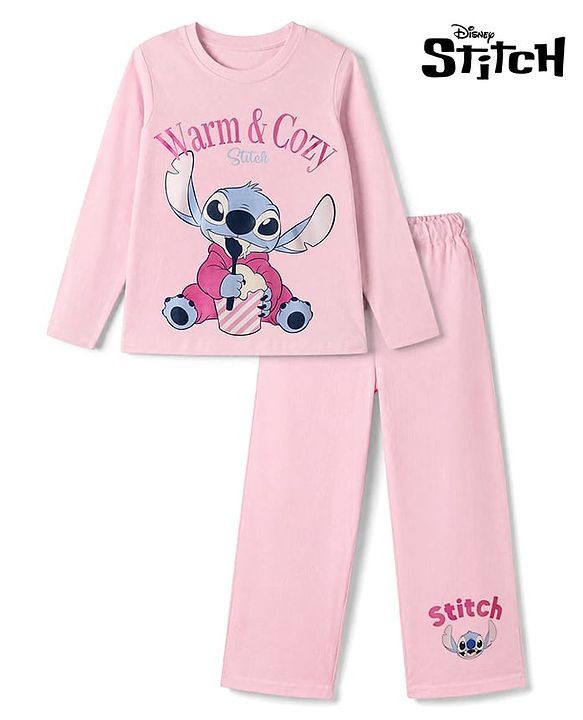 Pine Kids Disney 100% Cotton Single Jersey Knit Full Sleeves T-Shirt & Pajama Night Suit with Stitch Graphic Print - Pink