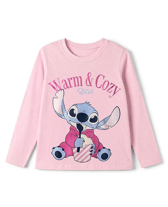 Pine Kids Disney 100% Cotton Single Jersey Knit Full Sleeves T-Shirt & Pajama Night Suit with Stitch Graphic Print - Pink