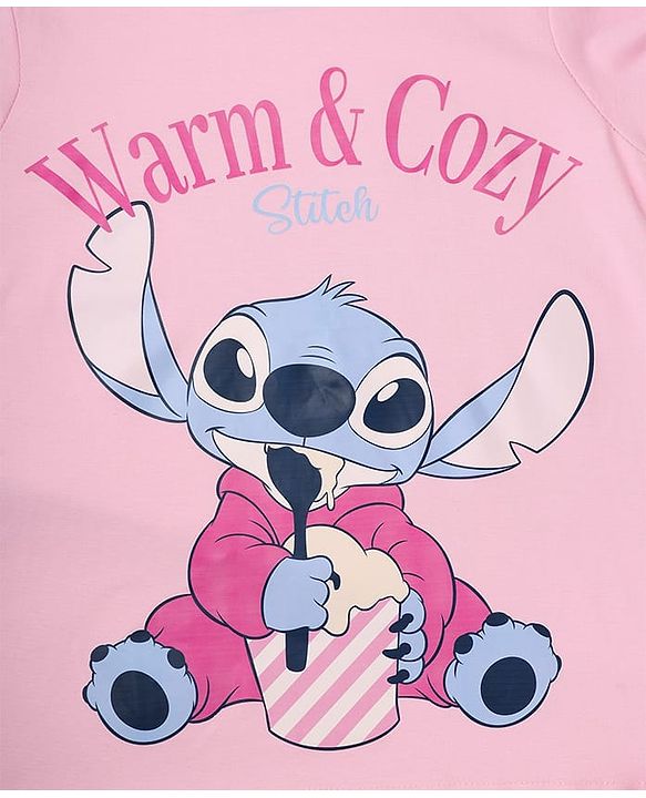 Pine Kids Disney 100% Cotton Single Jersey Knit Full Sleeves T-Shirt & Pajama Night Suit with Stitch Graphic Print - Pink