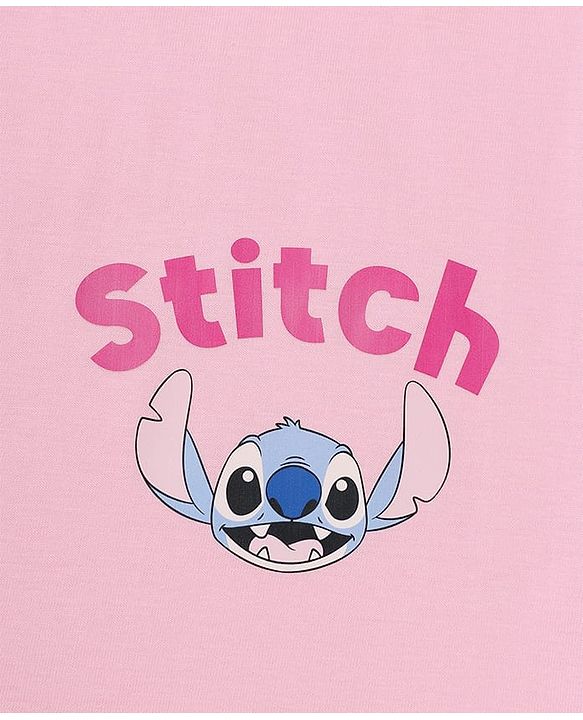 Pine Kids Disney 100% Cotton Single Jersey Knit Full Sleeves T-Shirt & Pajama Night Suit with Stitch Graphic Print - Pink