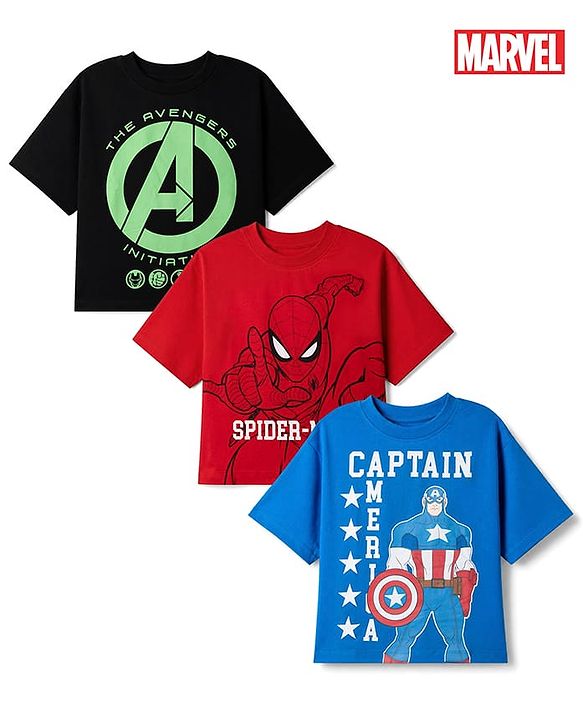 Pine Kids Marvel Single Jersey Knit Half Sleeves T-Shirts with Avengers, Spiderman & Captain America Graphic Pack of 3 - Black, Red & Blue
