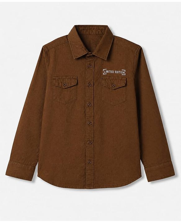 Pine Kids 100% Cotton Woven Shirt with Full Sleeves and Limited Edition Embroidery - Brown