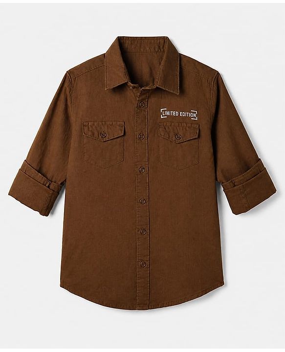 Pine Kids 100% Cotton Woven Shirt with Full Sleeves and Limited Edition Embroidery - Brown